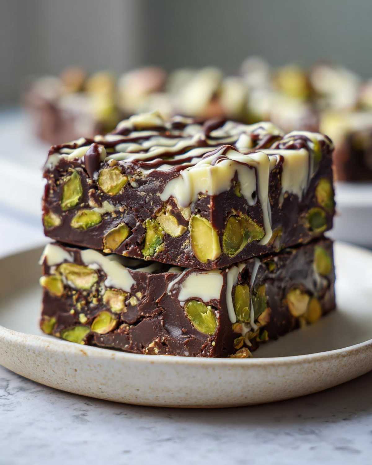 Two stacked No-Bake Pistachio Chocolate Fudge Squares loaded with green pistachios and drizzled with white and dark chocolate.