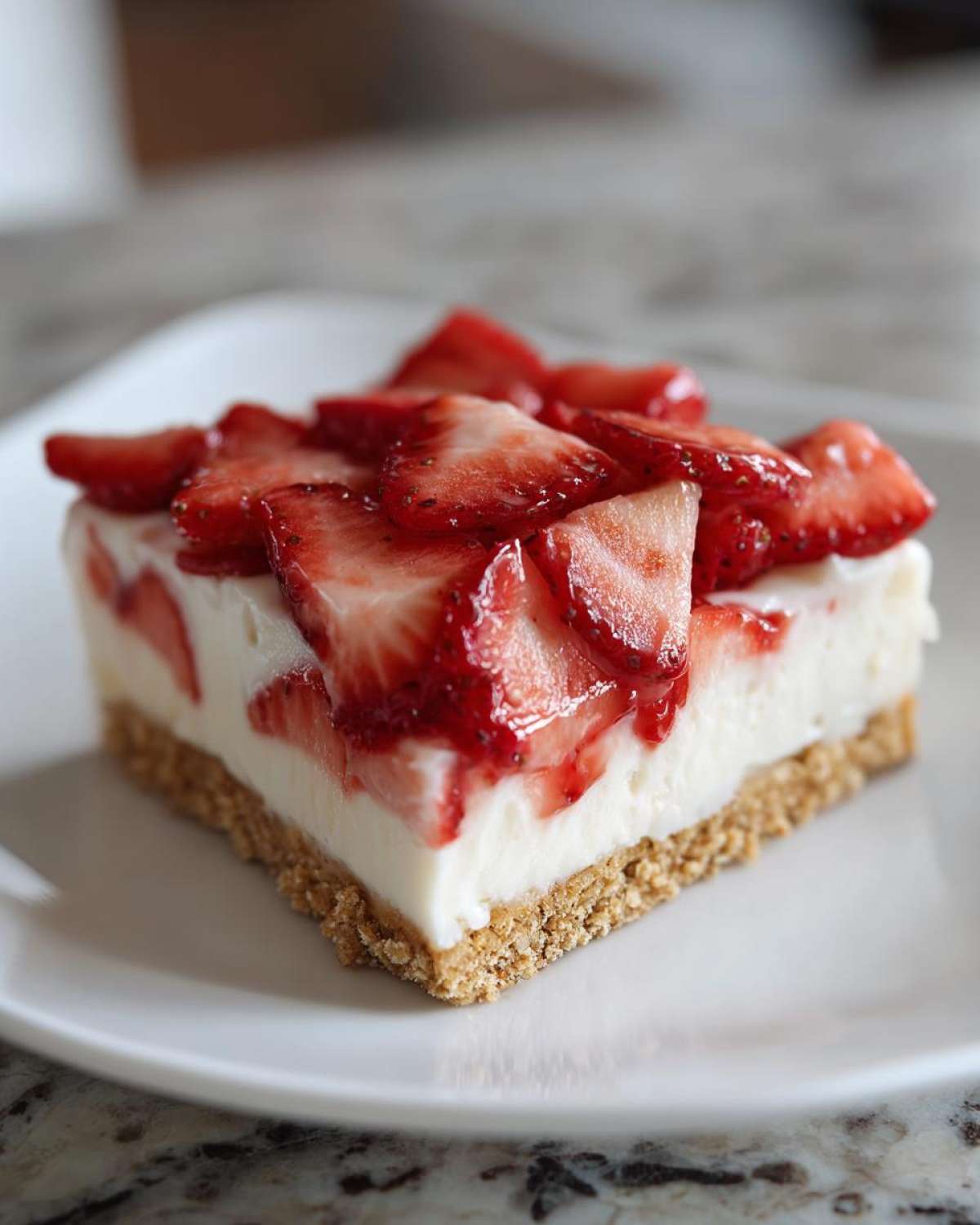 A close-up of a square slice of No Bake Spring Strawberry Dessert featuring a graham cracker crust, creamy filling, and fresh strawberries on top.