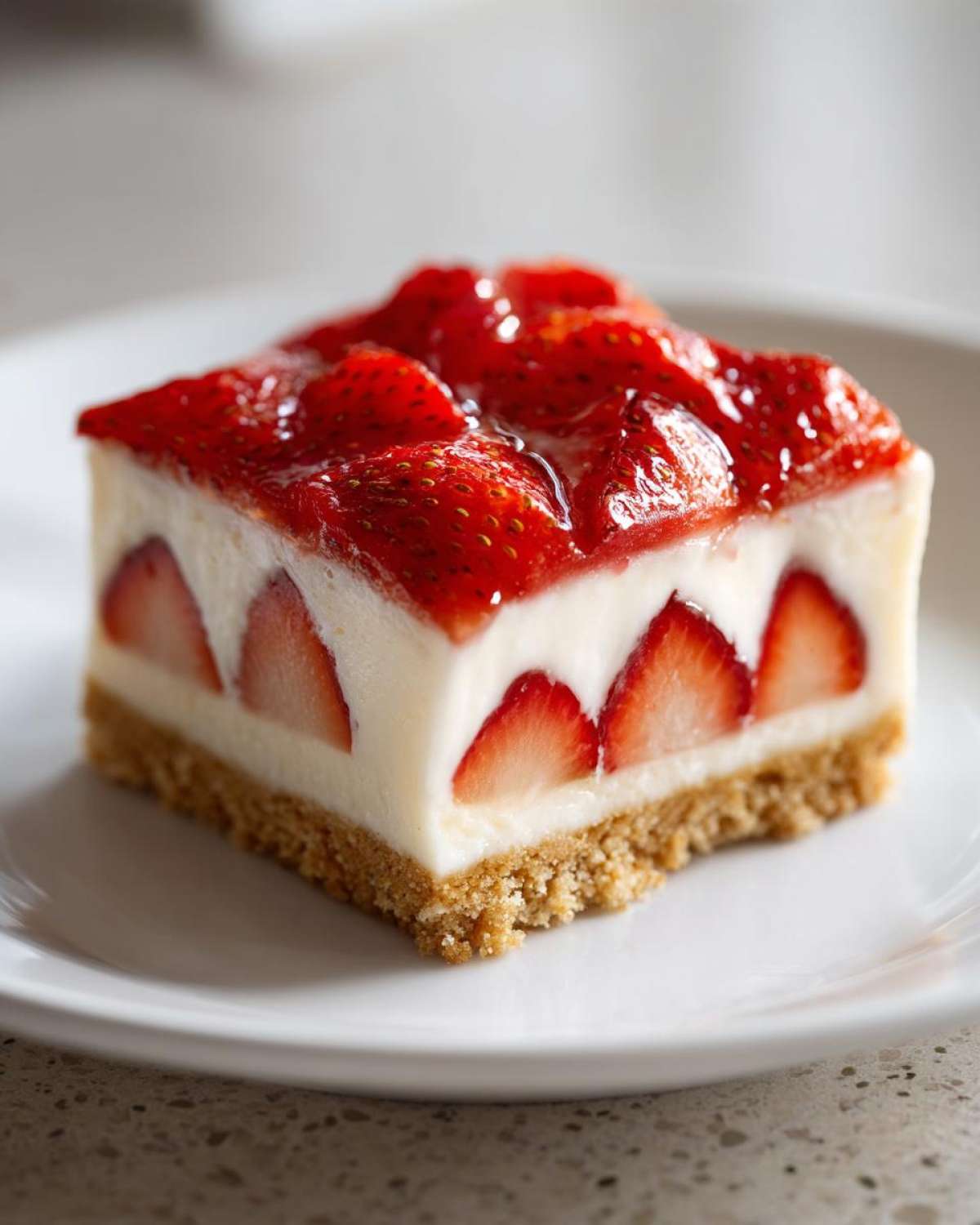 Close-up of a square slice of No Bake Spring Strawberry Dessert showing a graham cracker crust, creamy filling with sliced strawberries, and a strawberry glaze topping.