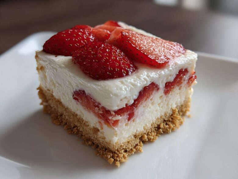 Close-up of a square slice of No Bake Spring Strawberry Dessert showing graham cracker crust, creamy filling, and fresh strawberry topping.