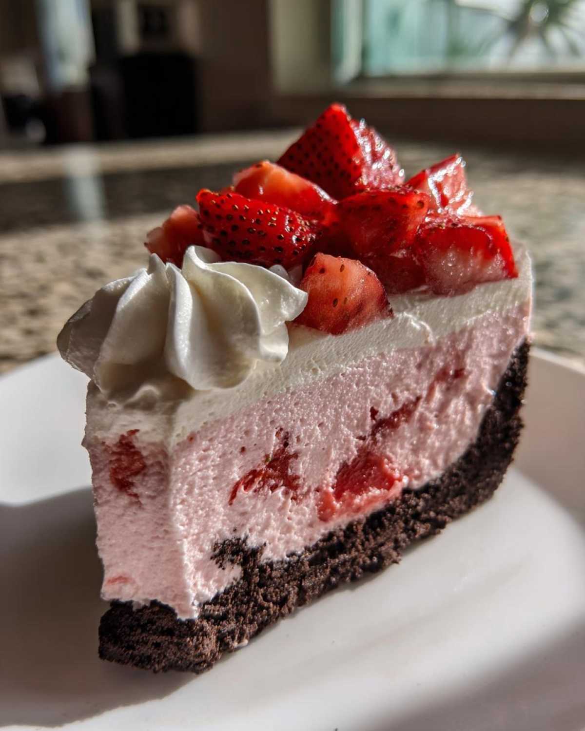 A perfect slice of No-Bake Strawberry Chocolate Cheesecake with a dark crust, pink filling, and fresh strawberries on top.