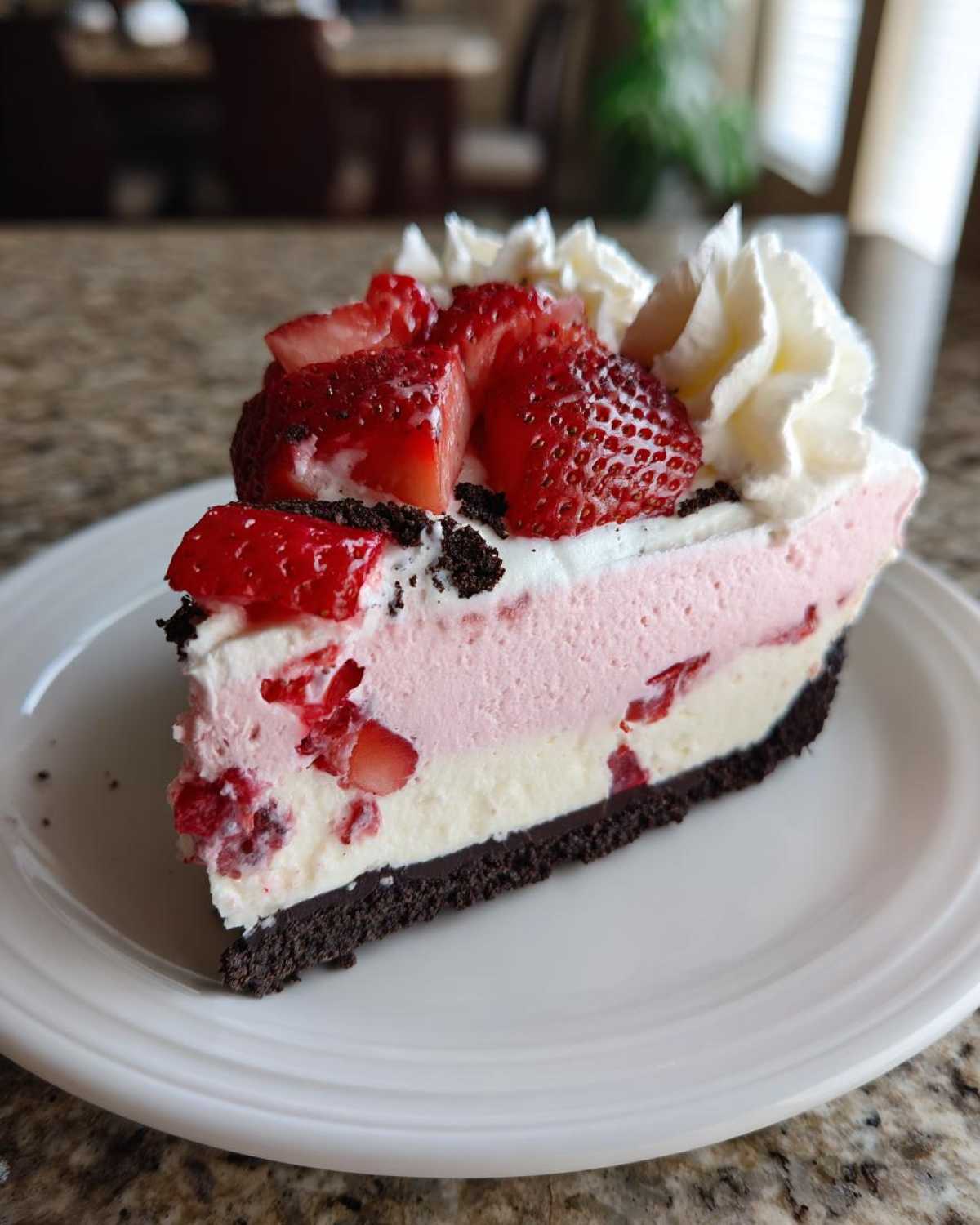 A perfect slice of No-Bake Strawberry Chocolate Cheesecake with layers, topped with fresh strawberries and whipped cream.