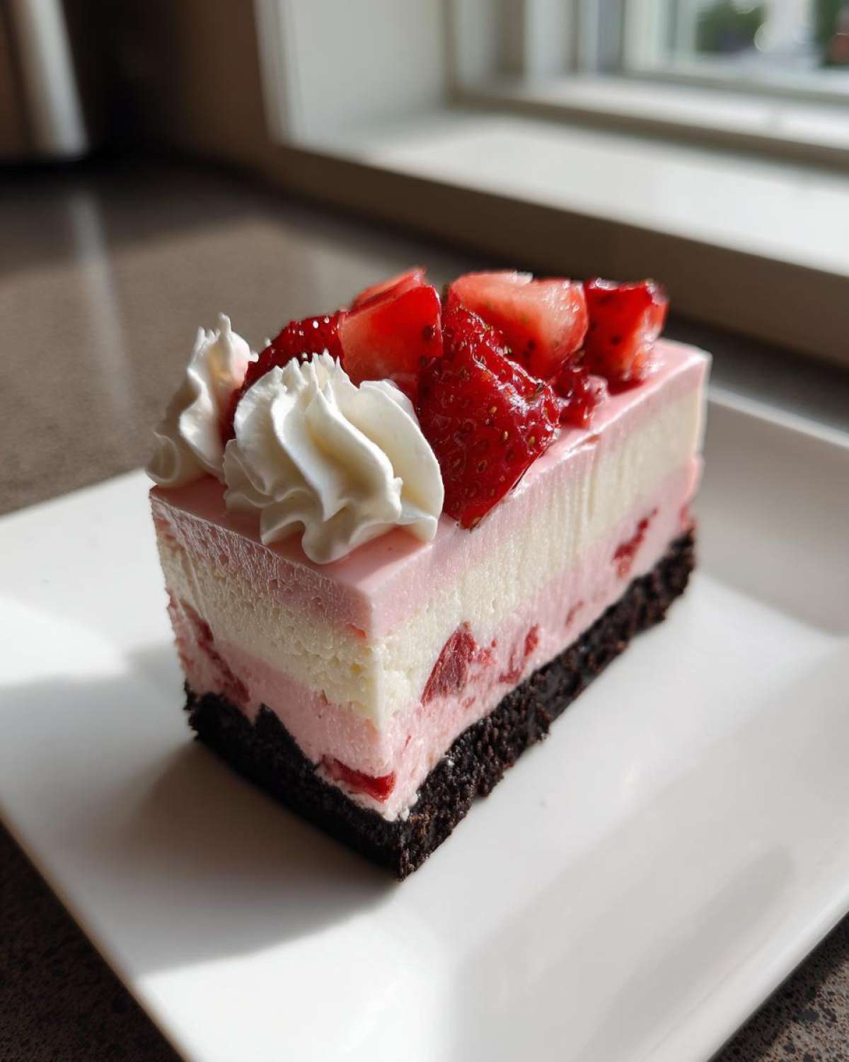 A perfect slice of No-Bake Strawberry Chocolate Cheesecake with three layers, topped with fresh strawberries and whipped cream.