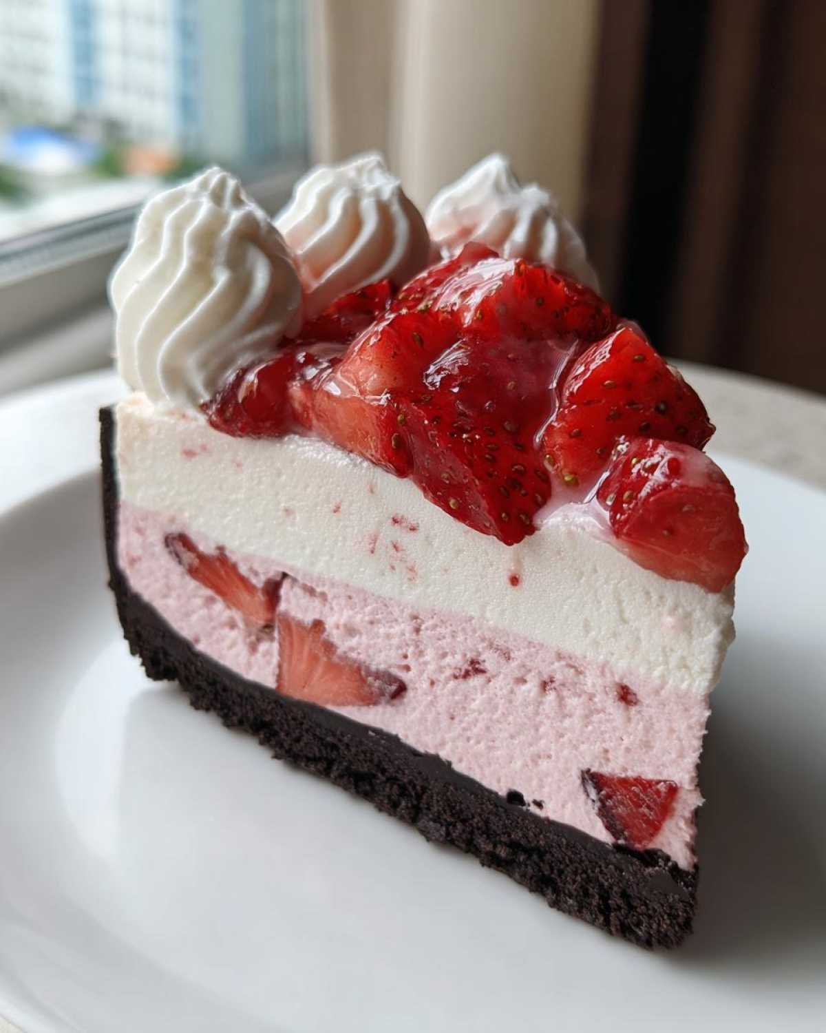 A perfect slice of No-Bake Strawberry Chocolate Cheesecake with three layers, topped with strawberries and whipped cream.