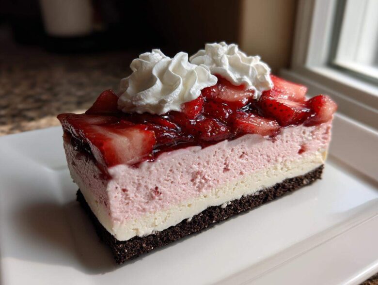 A perfect slice of No-Bake Strawberry Chocolate Cheesecake Slice showing three distinct layers and whipped cream.