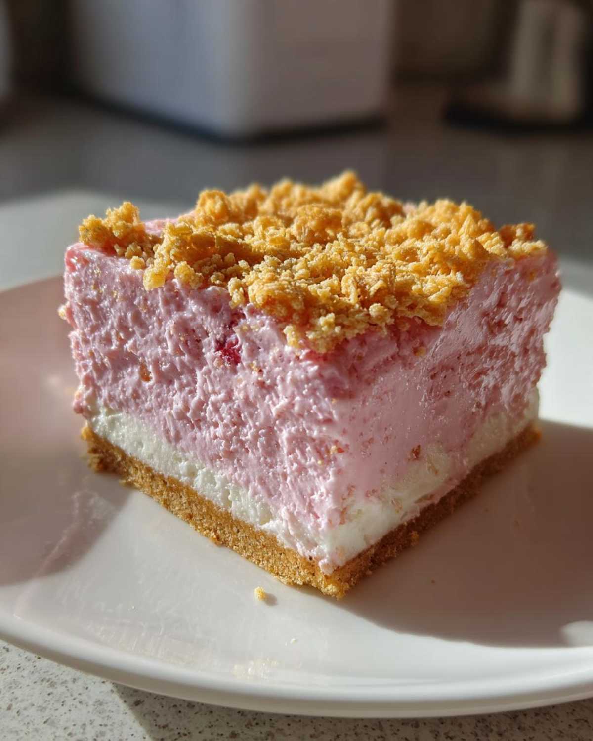 A square slice of No Bake Strawberry Crunch Cheesecake showing graham cracker crust, white layer, pink filling, and crunchy topping.