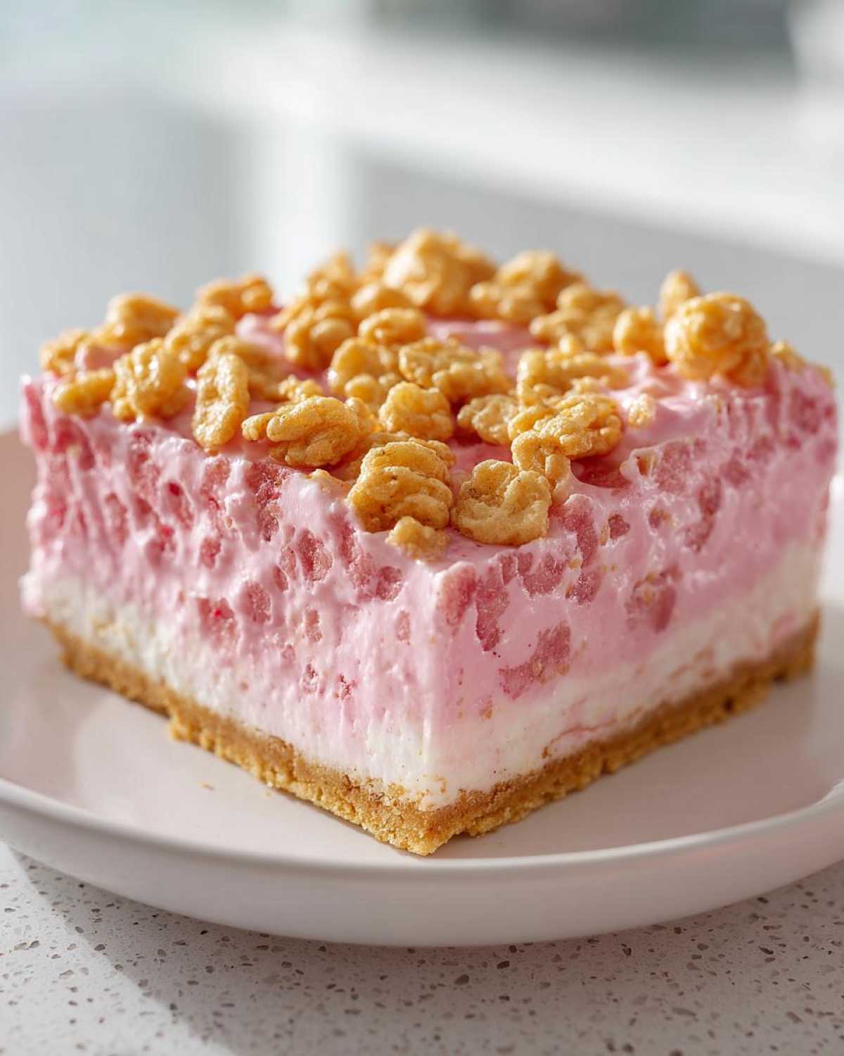 A square slice of No Bake Strawberry Crunch Cheesecake with a graham cracker crust and crunchy topping.