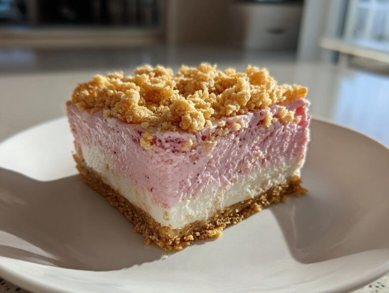 A square slice of No Bake Strawberry Crunch Cheesecake showing graham cracker crust, white layer, pink layer, and crunchy topping.