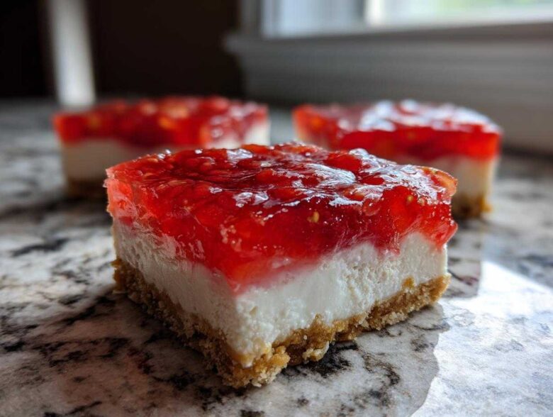 A close-up, cross-section view of a single serving of No-Bake Strawberry Pretzel Dessert Bars showing the pretzel crust, cream cheese layer, and strawberry gelatin topping.