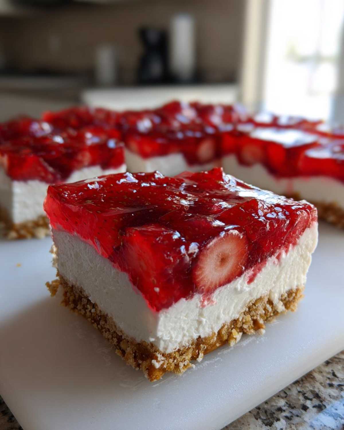 Close-up of a square slice of No-Bake Strawberry Pretzel Dessert Bars showing three distinct layers.