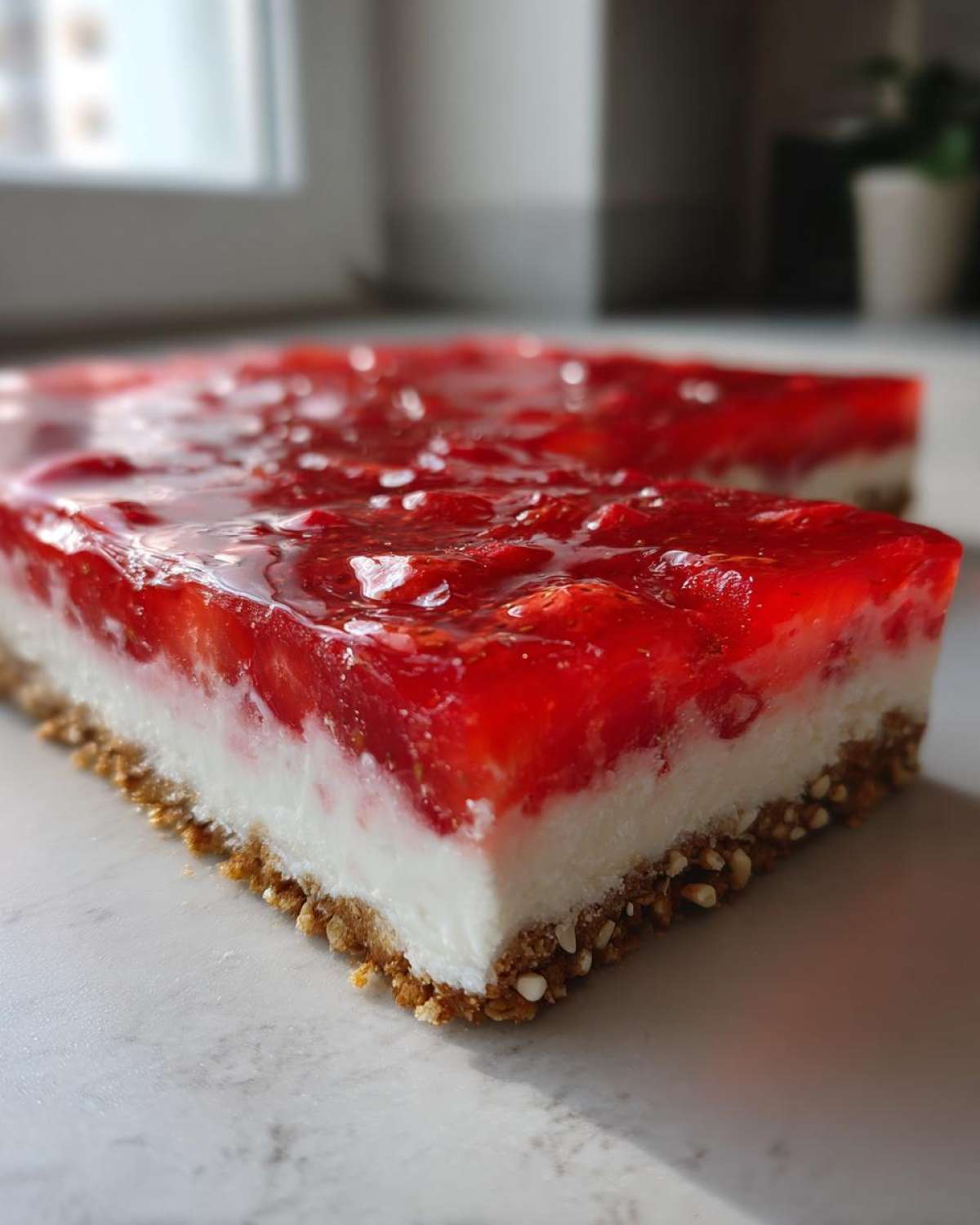 Close-up of a layered slice of No-Bake Strawberry Pretzel Dessert Bars showing crust, cream cheese, and strawberry gelatin topping.