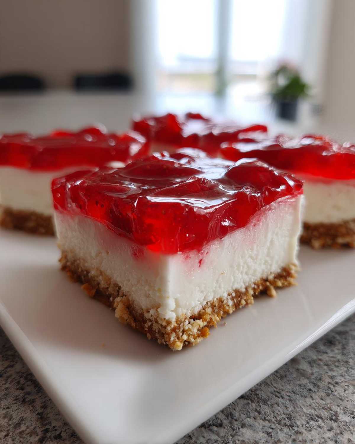 A close-up of a square slice of No-Bake Strawberry Pretzel Dessert Bars showing the pretzel crust, cream cheese layer, and strawberry gelatin topping.