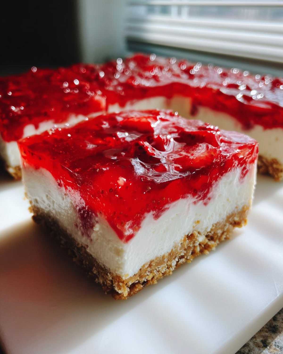 Close-up of a square slice of No-Bake Strawberry Pretzel Dessert Bars showing the pretzel crust, cream cheese layer, and strawberry topping.