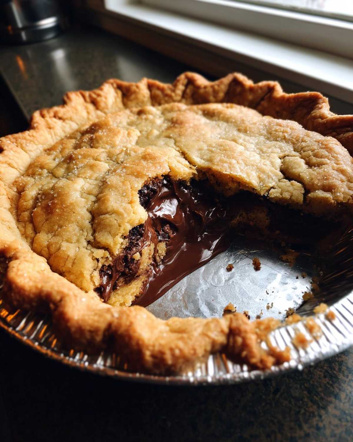Close-up of a Nutella Scoopable Cookie Pie with a piece removed, showing the molten chocolate filling oozing out.