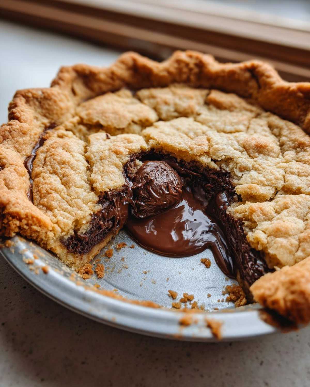 Close-up of a warm Nutella Scoopable Cookie Pie with the molten chocolate filling oozing out.