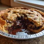 Close-up of a warm Nutella Scoopable Cookie Pie with a section broken open revealing molten chocolate filling.