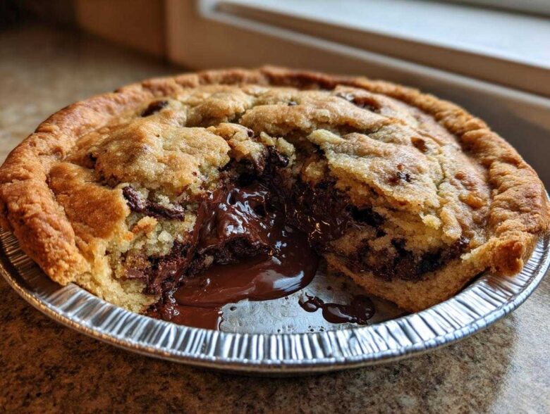 Close-up of a warm Nutella Scoopable Cookie Pie with a section broken open revealing molten chocolate filling.