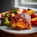 Close-up of a juicy Old Bay Chicken Thighs piece served with roasted potatoes and broccoli florets on a white plate.