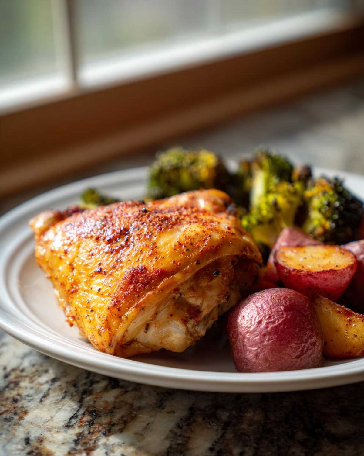 A perfectly cooked Old Bay Chicken Thighs served with roasted red potatoes and broccoli on a white plate.