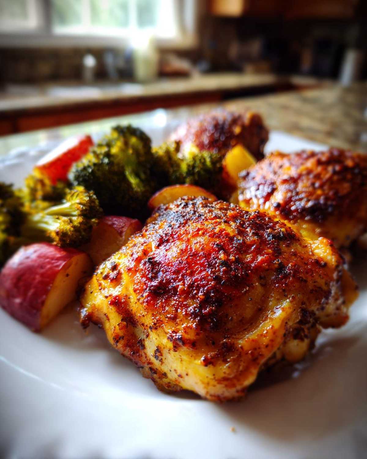 Close-up of crispy, seasoned Old Bay Chicken Thighs served with roasted broccoli and red potatoes on a white plate.