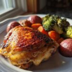 A perfectly cooked Old Bay Chicken Thighs with crispy skin served alongside roasted red potatoes, carrots, and broccoli.