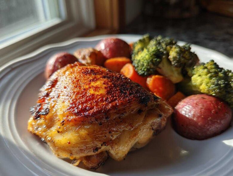 A perfectly cooked Old Bay Chicken Thighs with crispy skin served alongside roasted red potatoes, carrots, and broccoli.