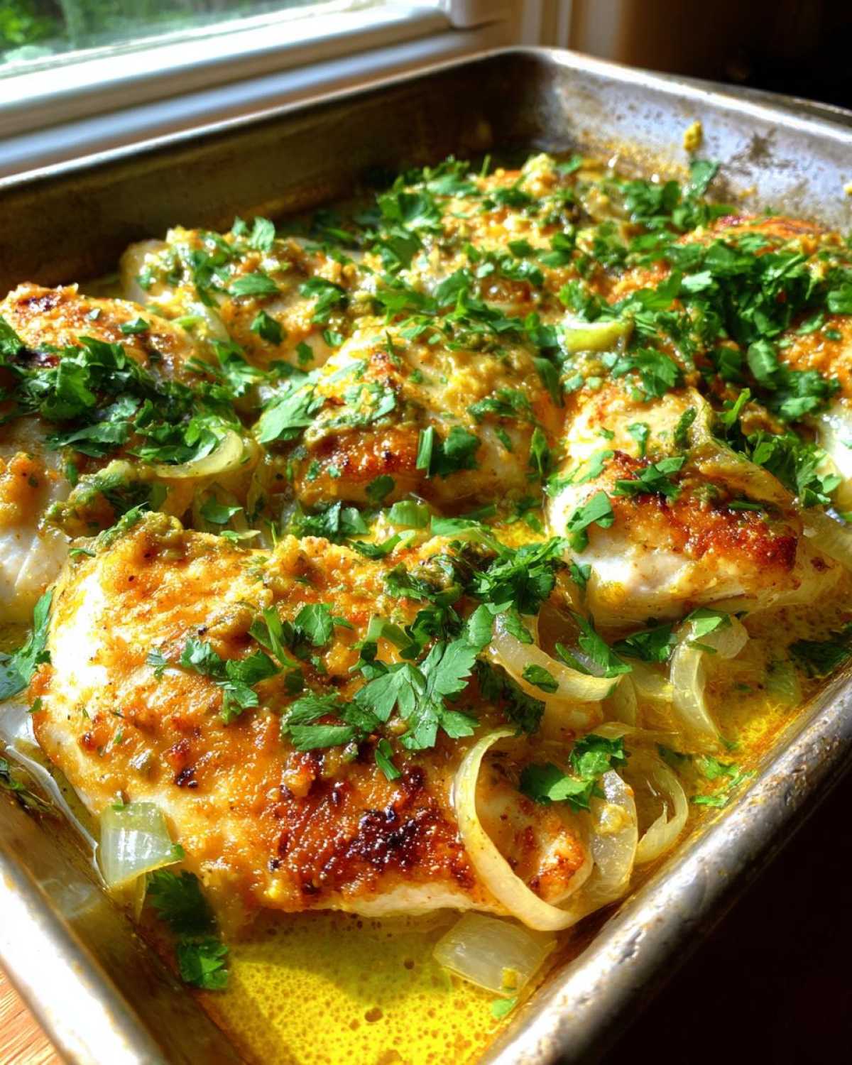 Close-up of One-Pan Creamy Coconut Lime Chicken baked in a pan with sauce and fresh parsley.