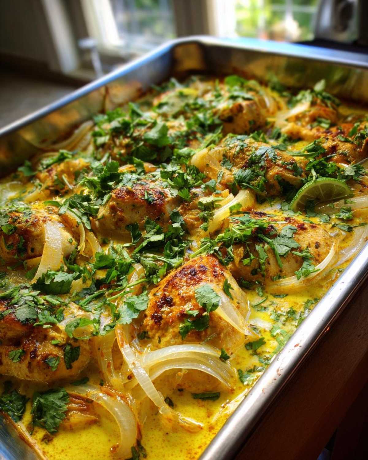Close-up of One-Pan Creamy Coconut Lime Chicken baked with onions and topped with fresh cilantro.