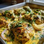 Several pieces of seared chicken breasts baked in a rich, yellow creamy coconut lime sauce, garnished with fresh cilantro.