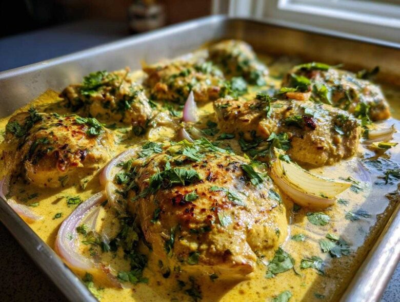 Several pieces of seared chicken breasts baked in a rich, yellow creamy coconut lime sauce, garnished with fresh cilantro.