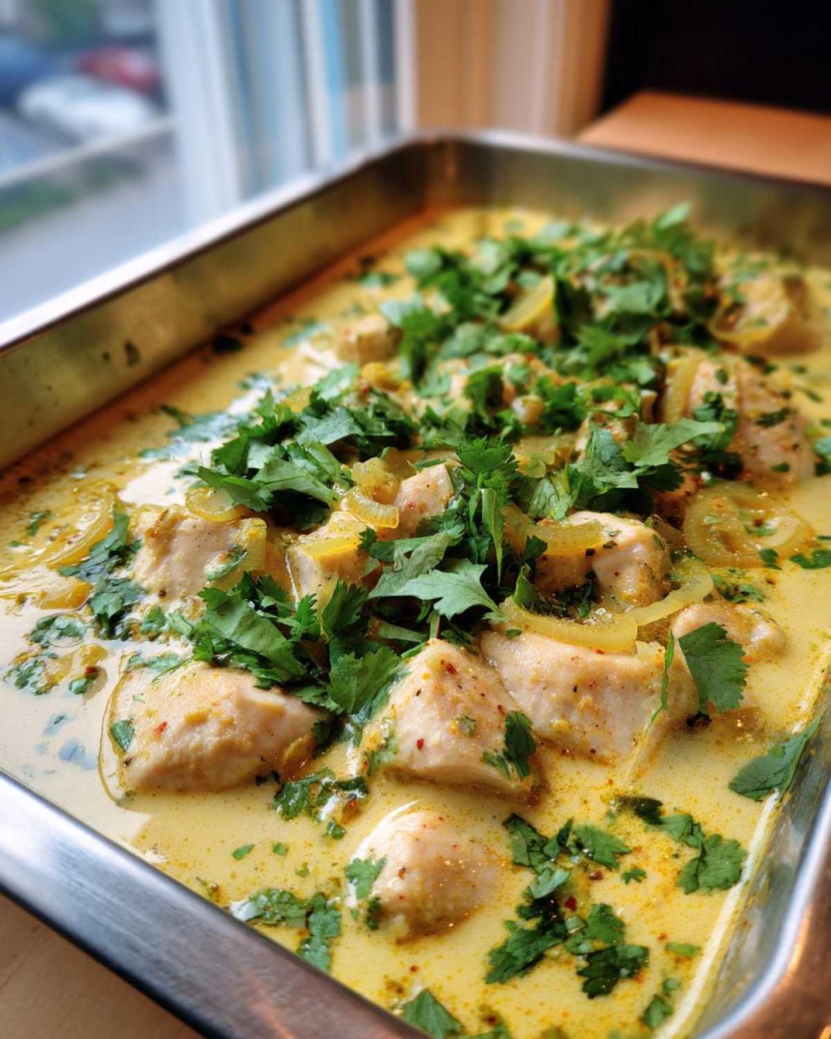 Close-up of One-Pan Creamy Coconut Lime Chicken pieces simmering in a rich yellow sauce, topped with fresh cilantro.