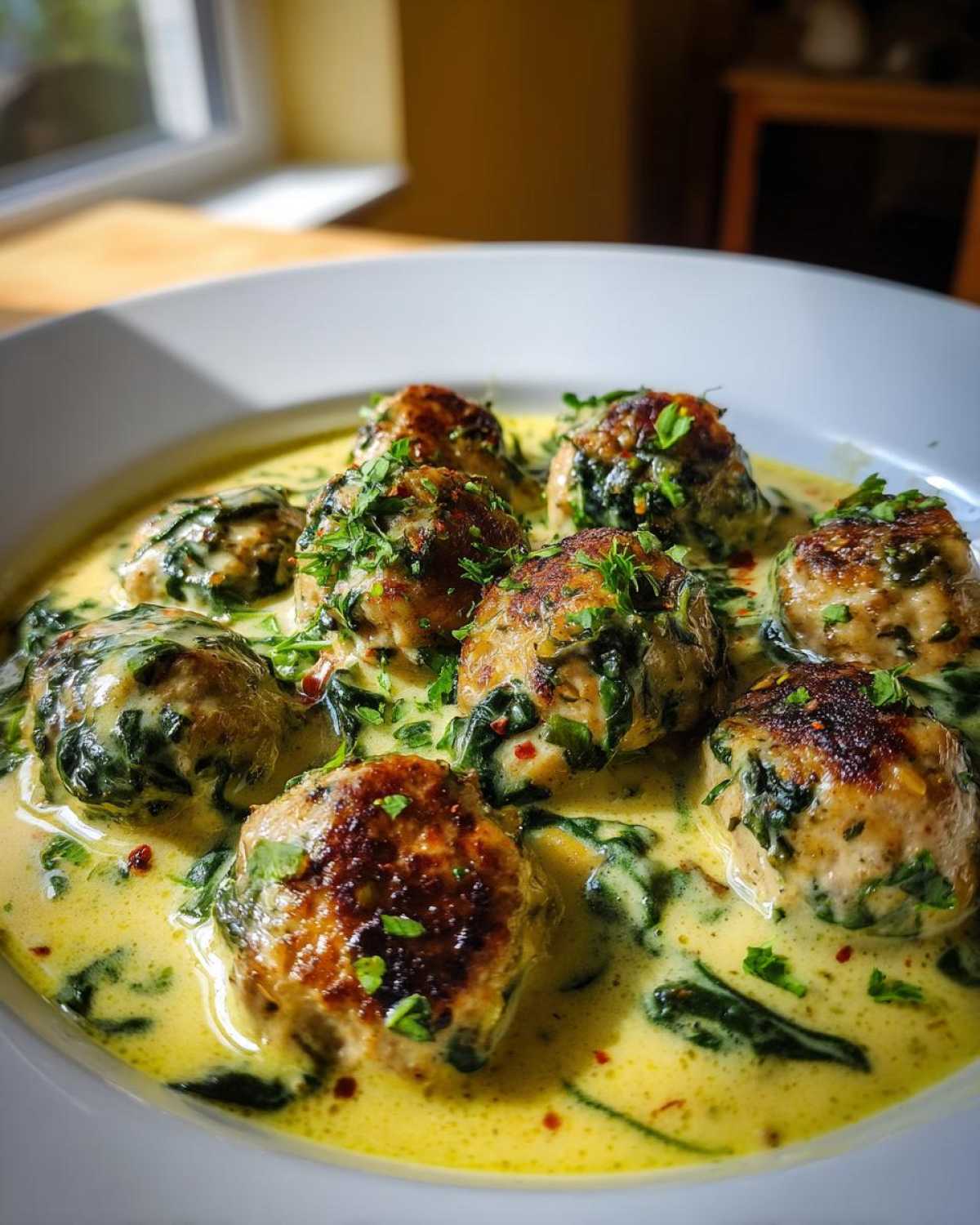 Close-up of seared One-Pan Creamy Lemon Garlic Turkey Meatballs served in a rich, yellow cream sauce with spinach and fresh parsley.