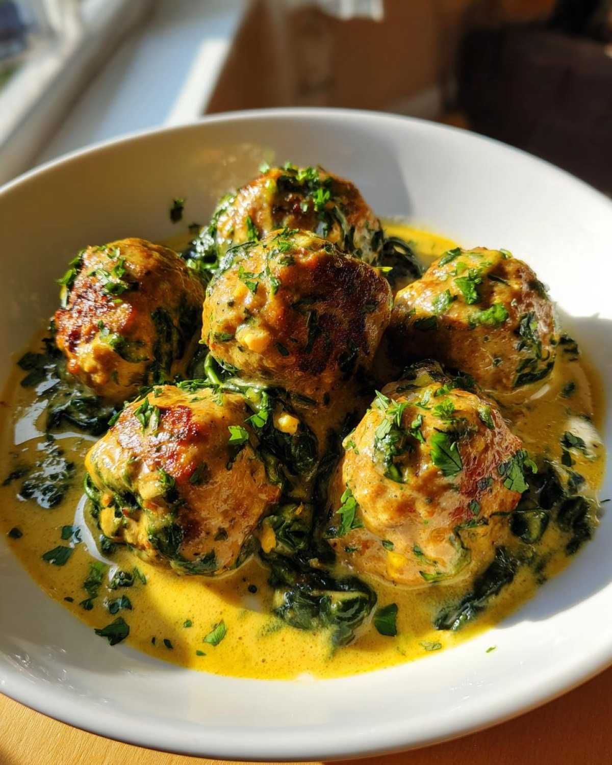 Five browned turkey meatballs served in a creamy yellow sauce with wilted spinach and fresh parsley garnish.