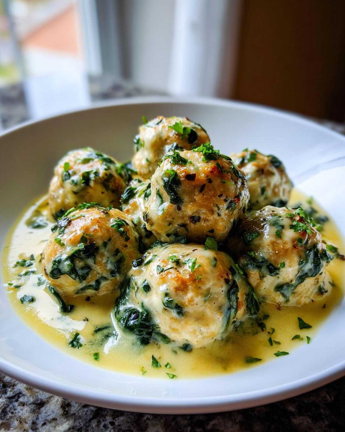 Close-up of One-Pan Creamy Lemon Garlic Turkey Meatballs served in a white bowl with a rich, yellow sauce and fresh parsley.