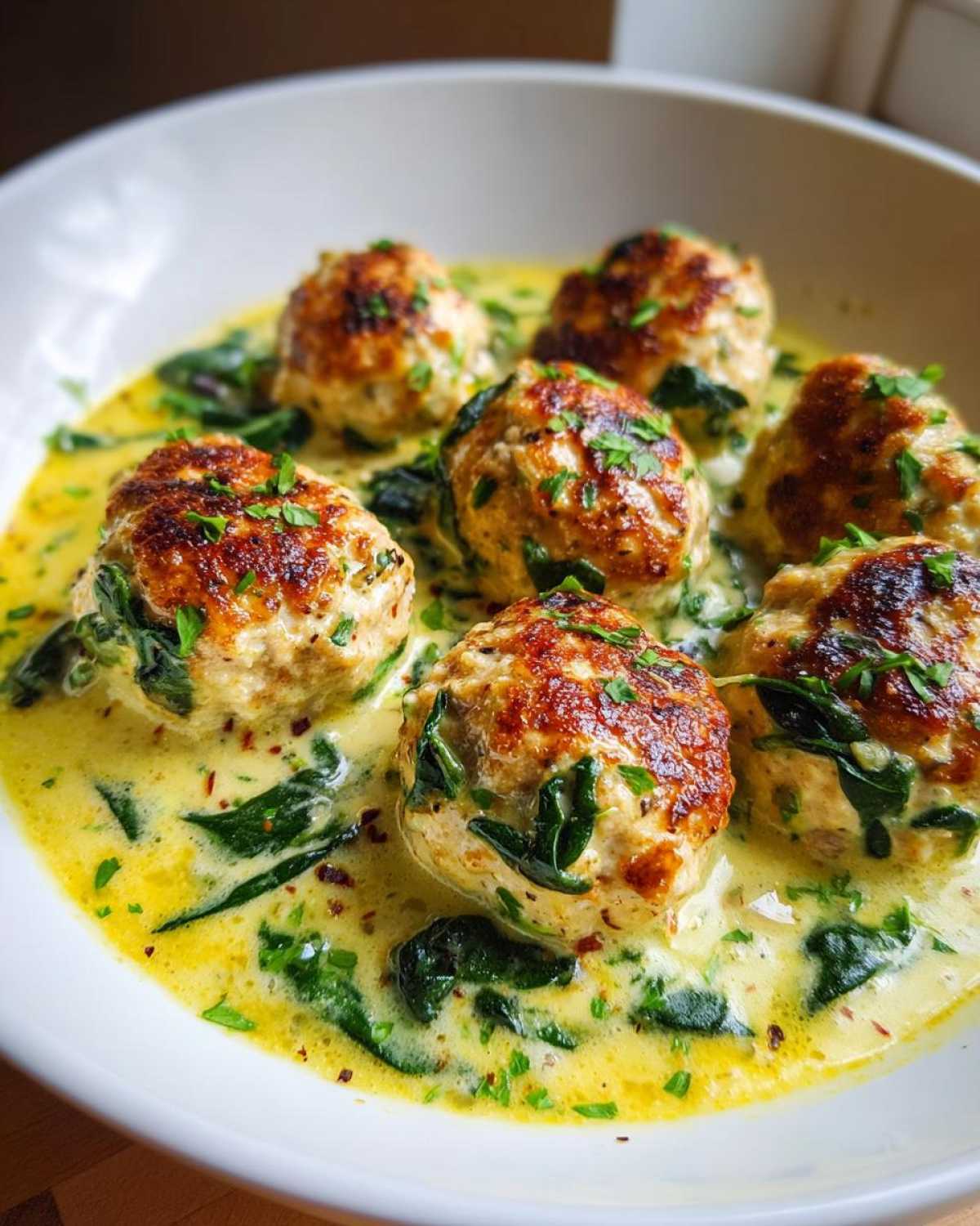 Close-up of seared One-Pan Creamy Lemon Garlic Turkey Meatballs served in a rich, yellow sauce with wilted spinach.