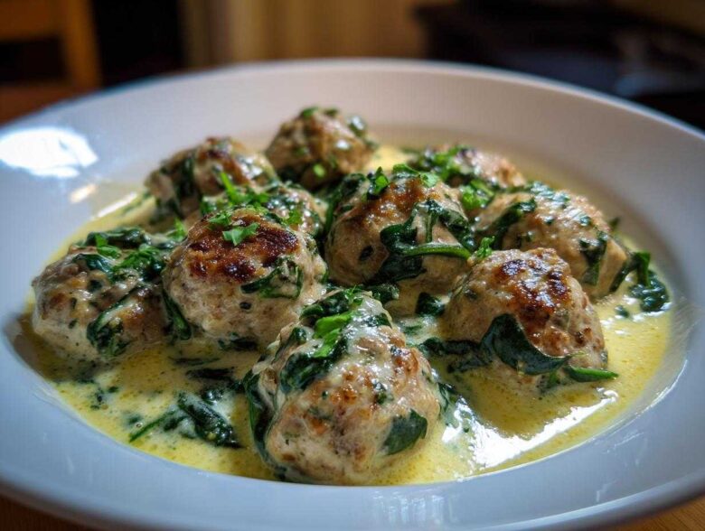 Close-up of One-Pan Creamy Lemon Garlic Turkey Meatballs served in a white bowl with creamy sauce and spinach.