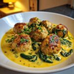 Close-up of browned One-Pan Creamy Lemon Garlic Turkey Meatballs served in a rich, yellow cream sauce with wilted spinach and fresh parsley.