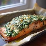 A close-up of a large fillet of One-Pan Creamy Spinach Feta Stuffed Salmon baked on parchment paper.