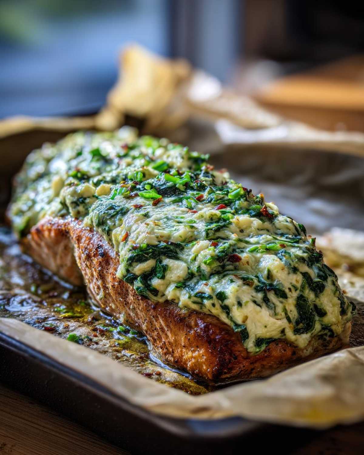 Close-up of a baked salmon fillet topped with creamy spinach feta stuffing, fresh from the pan.