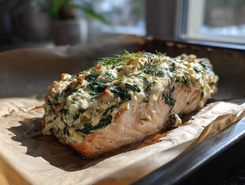 A baked fillet of One-Pan Creamy Spinach Feta Stuffed Salmon on parchment paper, topped with herbs.