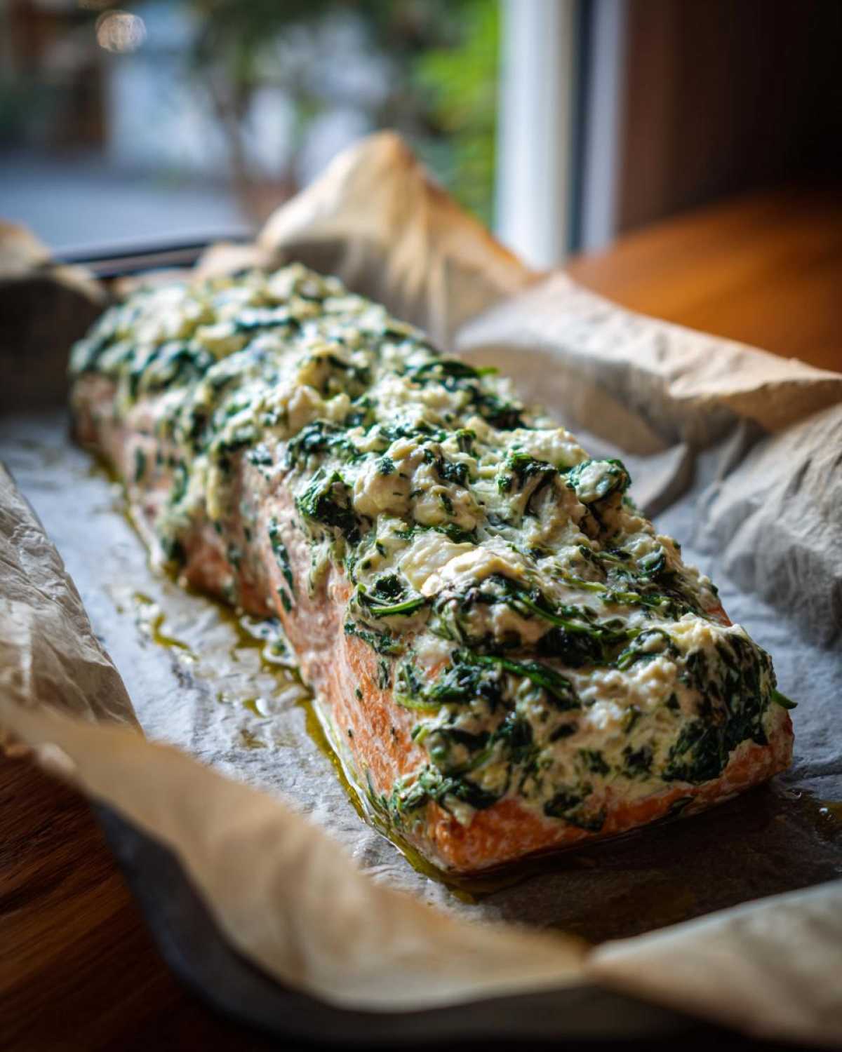 A large salmon fillet topped generously with creamy spinach and feta mixture, ready for baking in a one-pan dish.
