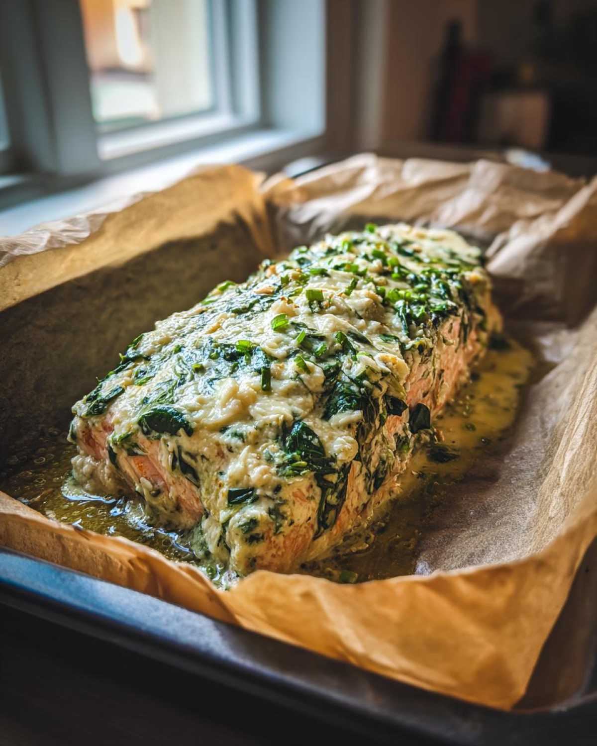 A whole salmon fillet generously topped with creamy spinach and feta stuffing, resting on parchment paper in a baking pan.