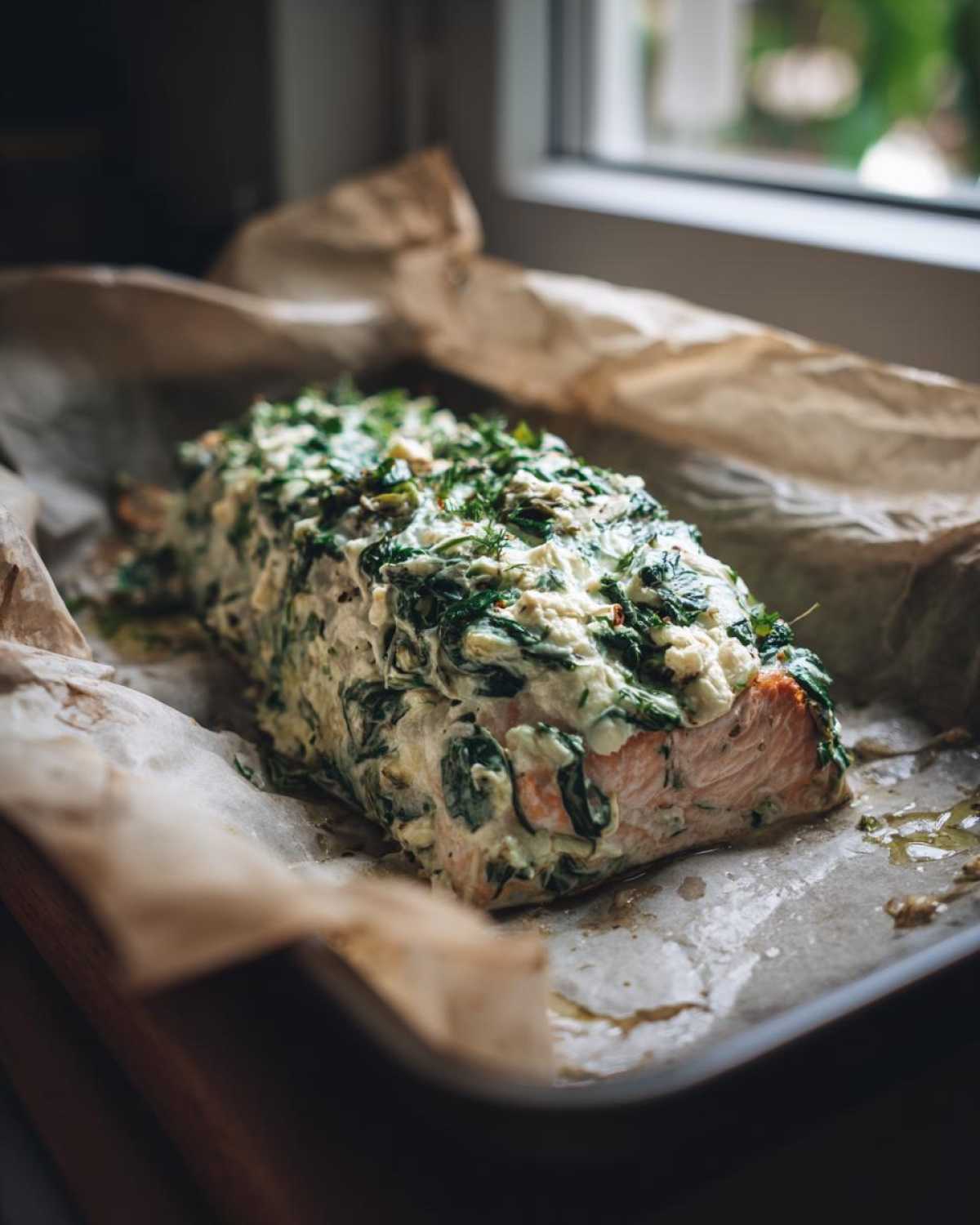A large fillet of salmon topped generously with creamy spinach and feta mixture, resting on parchment paper.