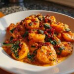 Close-up of One-Pan Creamy Sun-Dried Tomato Shrimp coated in a rich orange sauce with spinach and sun-dried tomatoes.