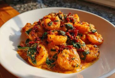 Close-up of One-Pan Creamy Sun-Dried Tomato Shrimp coated in a rich orange sauce with spinach and sun-dried tomatoes.