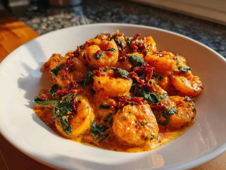 Close-up of One-Pan Creamy Sun-Dried Tomato Shrimp coated in a rich orange sauce with spinach and sun-dried tomatoes.