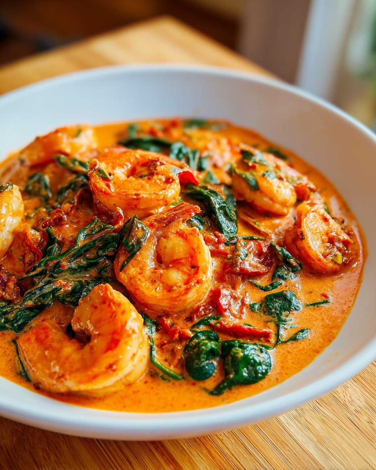 Close-up of plump shrimp in a rich, orange, creamy sauce with wilted spinach and sun-dried tomatoes: One-Pan Creamy Sun-Dried Tomato Shrimp.