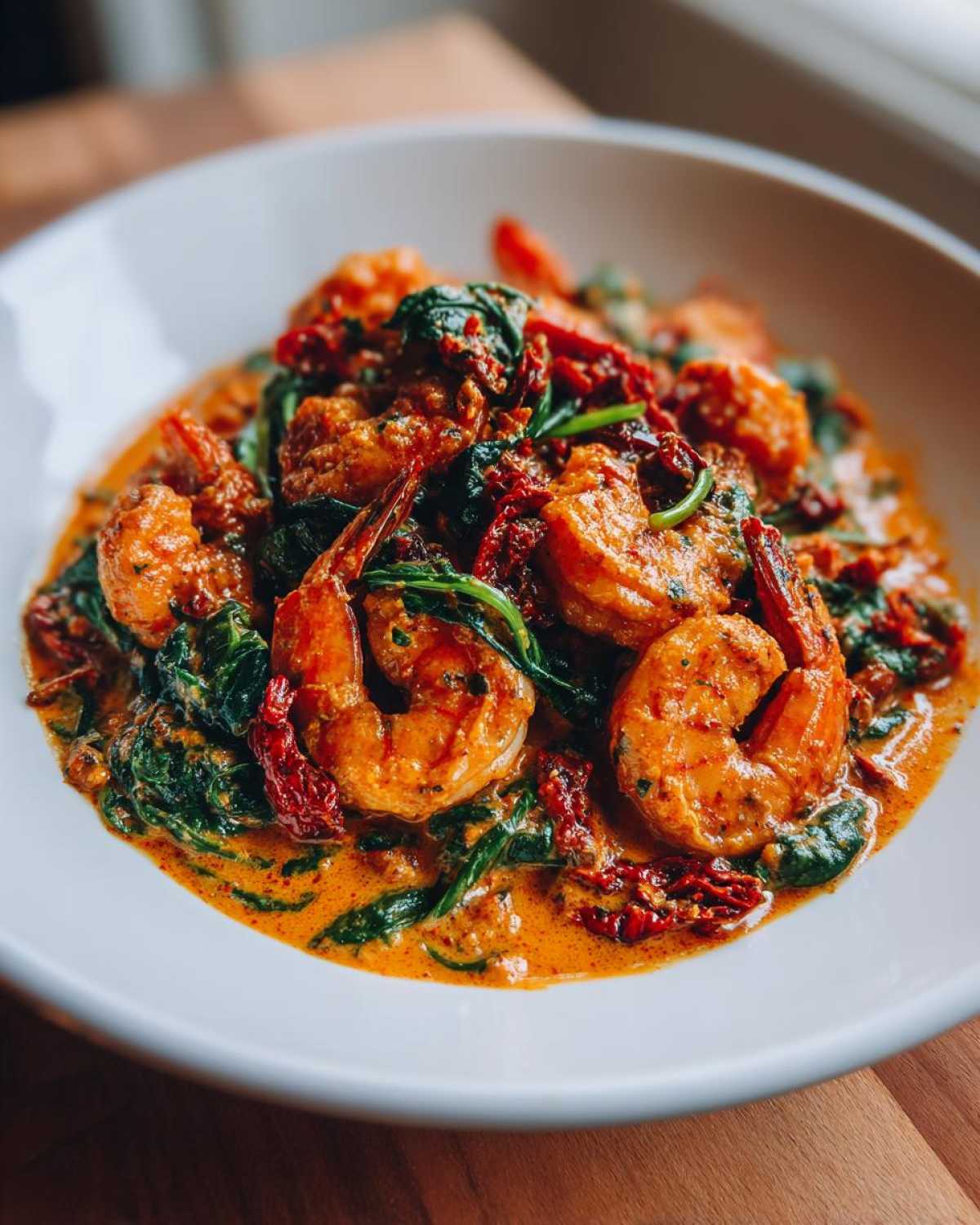 A close-up shot of One-Pan Creamy Sun-Dried Tomato Shrimp served in a white bowl with spinach and rich sauce.
