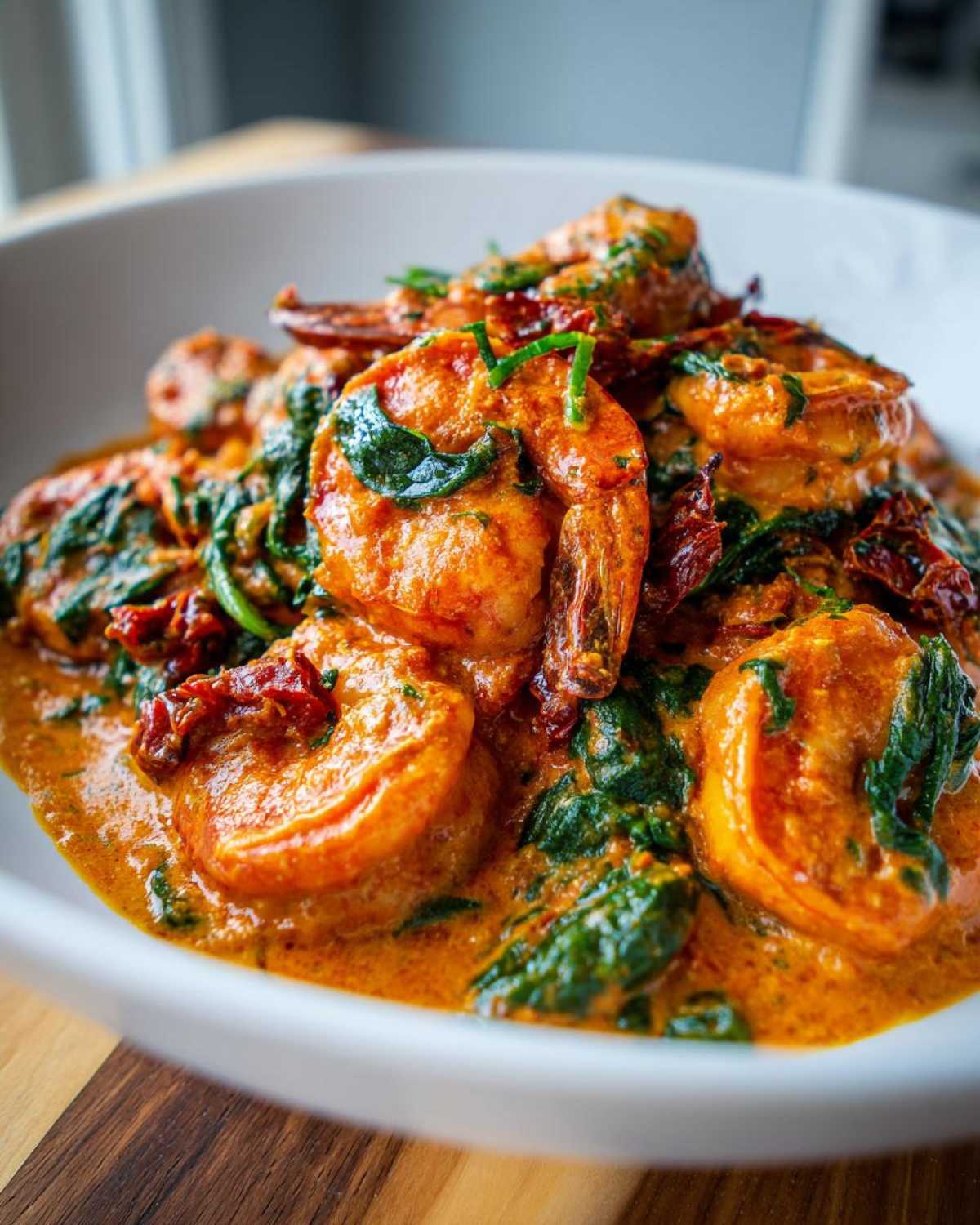 A close-up bowl of One-Pan Creamy Sun-Dried Tomato Shrimp mixed with wilted spinach and rich orange sauce.