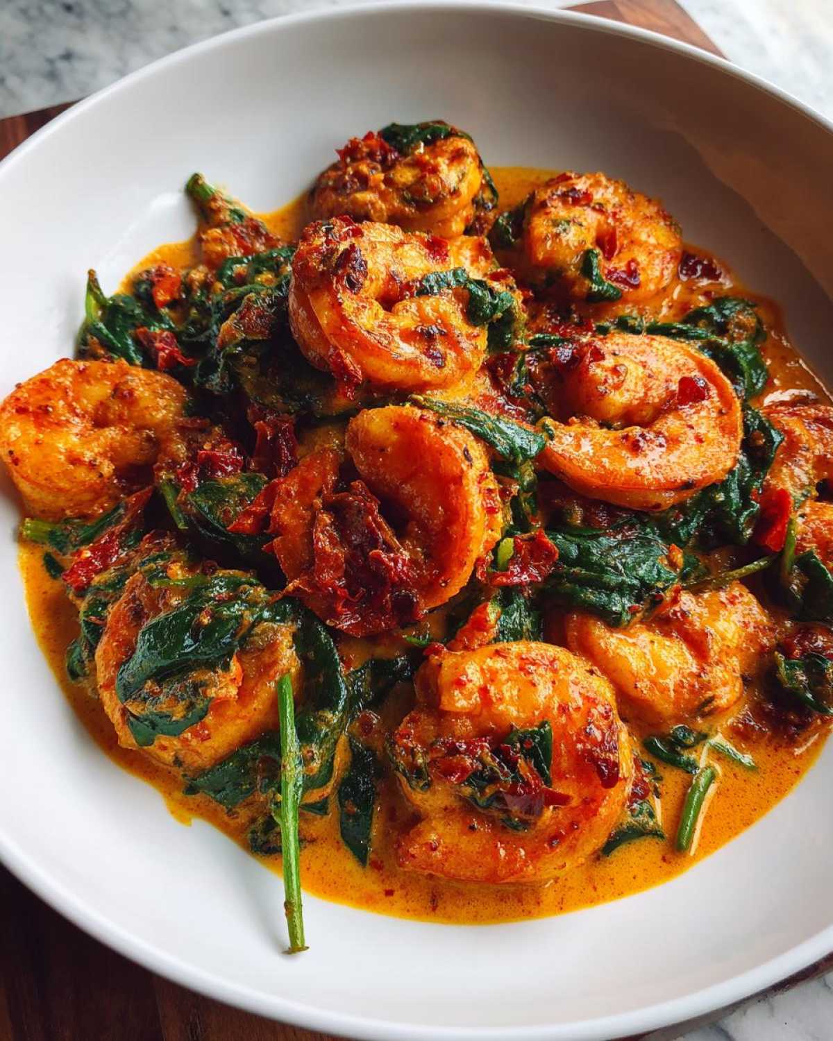 Plated close-up of One-Pan Creamy Sun-Dried Tomato Shrimp with spinach in a rich, orange sauce.